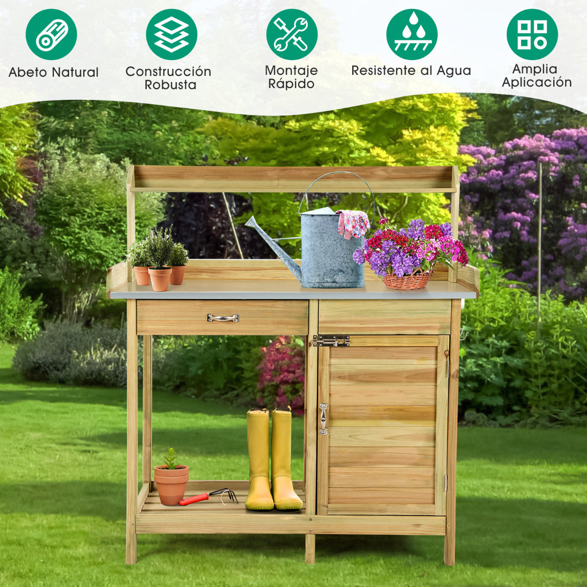 Mesa de Jardinería Banco de Trabajo para Plantas con Cajón Estante Abierto y 3 Ganchos Banco de Jardinería de Madera para Exterior Jardín