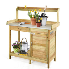 Mesa de Jardinería Banco de Trabajo para Plantas con Cajón Estante Abierto y 3 Ganchos Banco de Jardinería de Madera para Exterior Jardín