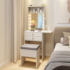 Mesa de Maquillaje con Espejo con Luces Set de Tocador con Estación de Carga Taburete con Cajones Estantes y Panel Plegable Blanco
