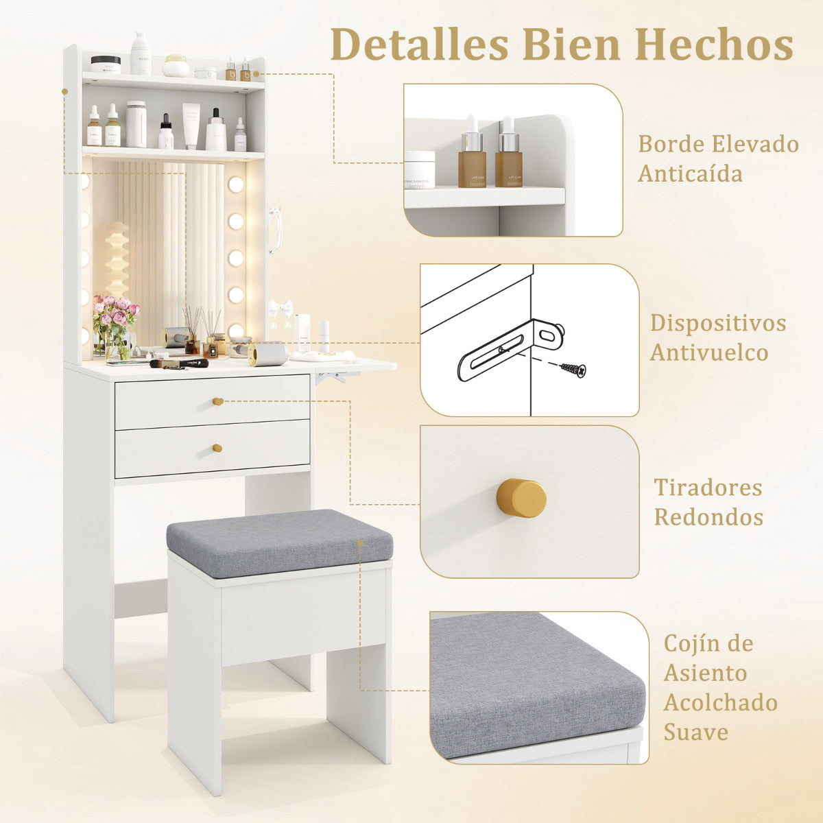 Mesa de Maquillaje con Espejo con Luces Set de Tocador con Estación de Carga Taburete con Cajones Estantes y Panel Plegable Blanco