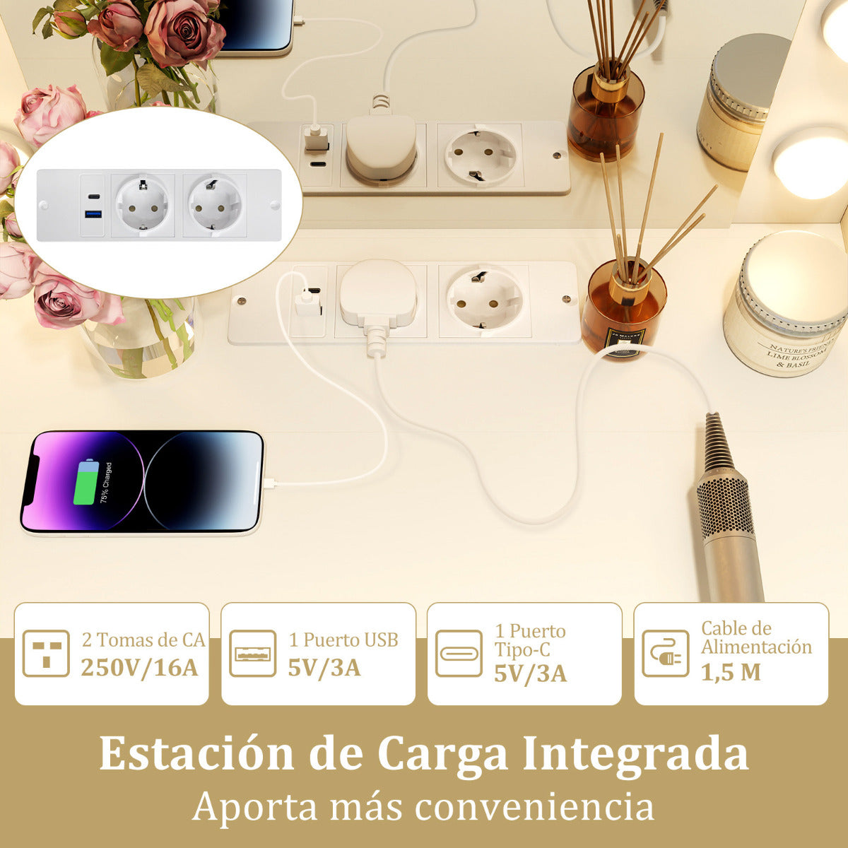 Mesa de Maquillaje con Espejo con Luces Set de Tocador con Estación de Carga Taburete con Cajones Estantes y Panel Plegable Blanco
