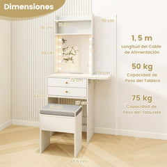Mesa de Maquillaje con Espejo con Luces Set de Tocador con Estación de Carga Taburete con Cajones Estantes y Panel Plegable Blanco