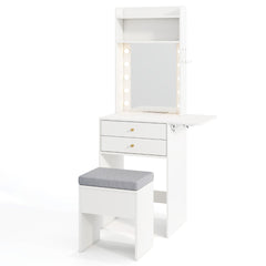 Mesa de Maquillaje con Espejo con Luces Set de Tocador con Estación de Carga Taburete con Cajones Estantes y Panel Plegable Blanco