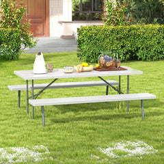 Mesa de Picnic Plegable de 183 cm para 8 Personas con 2 Bancos Marco de Metal Orificio para Sombrilla Mesa de HDPE para Jardín Gris