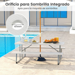 Mesa de Picnic Plegable de 183 cm para 8 Personas con 2 Bancos Marco de Metal Orificio para Sombrilla Mesa de HDPE para Jardín Gris