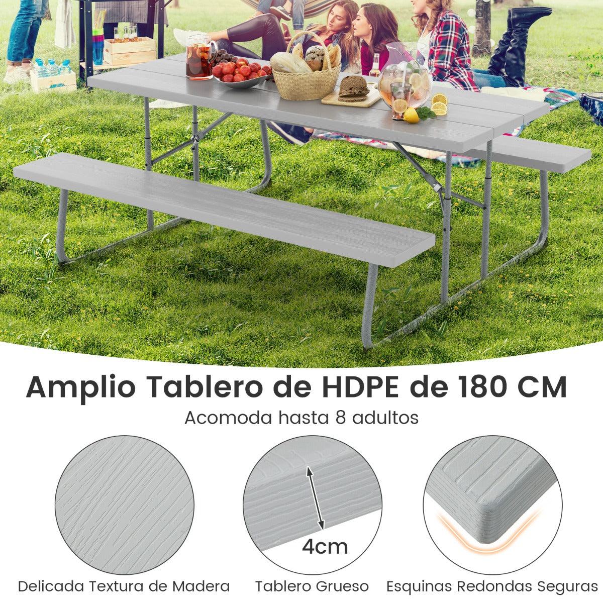 Mesa de Picnic Plegable de 183 cm para 8 Personas con 2 Bancos Marco de Metal Orificio para Sombrilla Mesa de HDPE para Jardín Gris