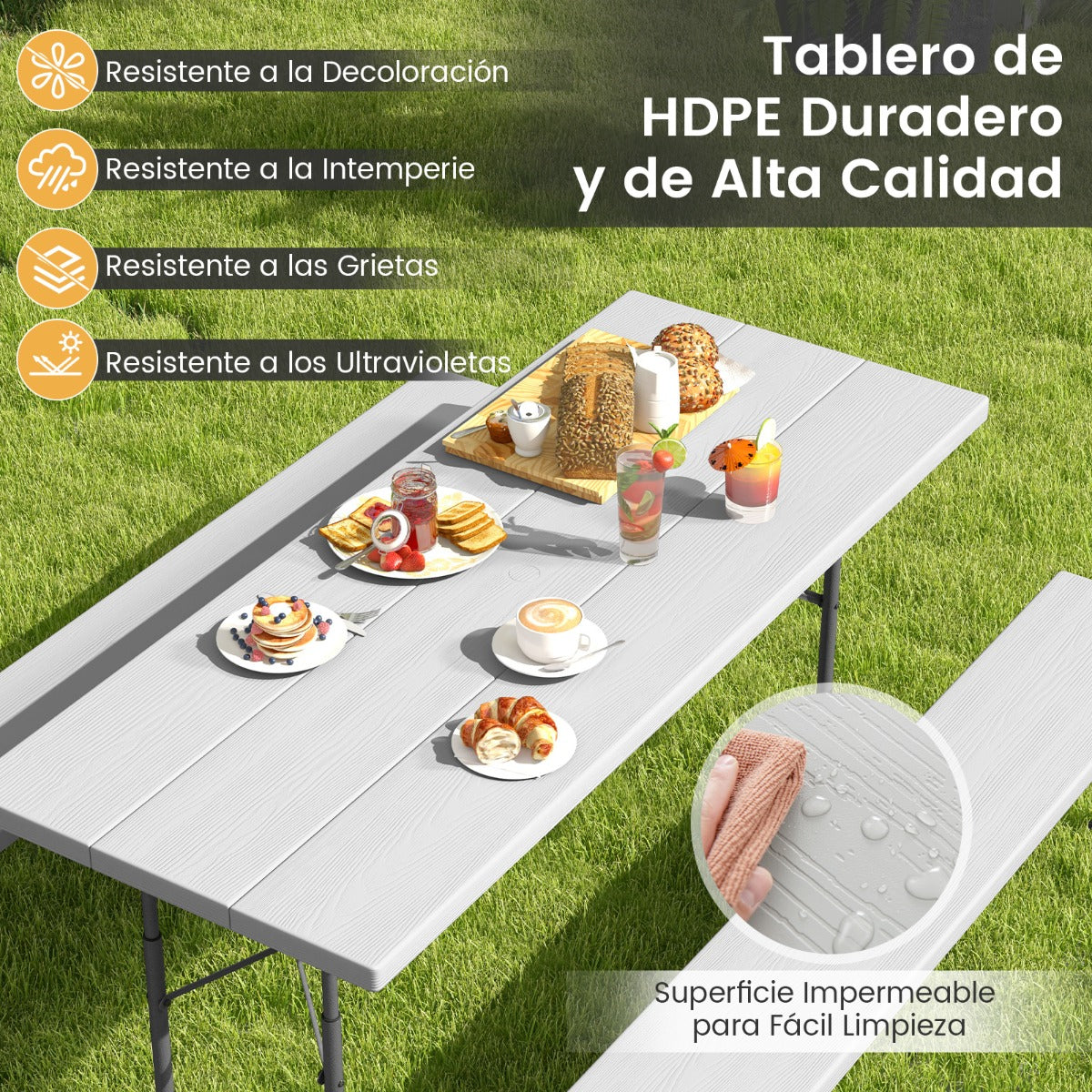 Mesa de Picnic Plegable de 183 cm para 8 Personas con 2 Bancos Marco de Metal Orificio para Sombrilla Mesa de HDPE para Jardín Gris