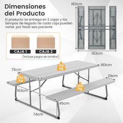 Mesa de Picnic Plegable de 183 cm para 8 Personas con 2 Bancos Marco de Metal Orificio para Sombrilla Mesa de HDPE para Jardín Gris