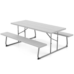 Mesa de Picnic Plegable de 183 cm para 8 Personas con 2 Bancos Marco de Metal Orificio para Sombrilla Mesa de HDPE para Jardín Gris