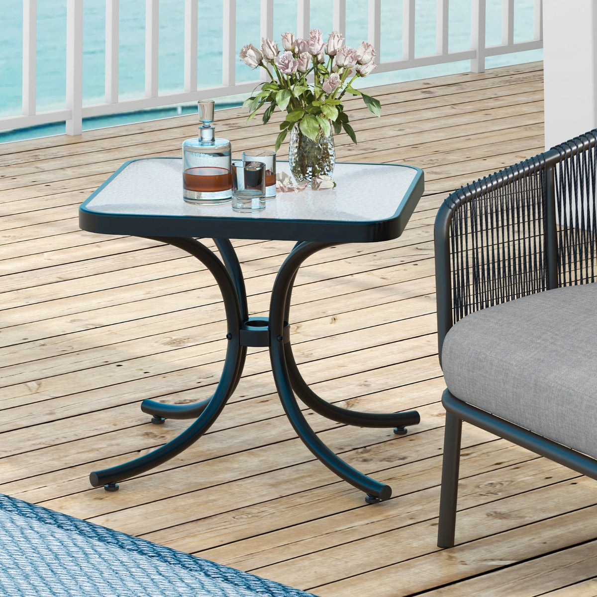 Mesa de Patio con Tapa de Vidrio Templado Mesa Auxiliar de 50 cm con Estructura de Metal Resistente para Interior Exterior Jardín Balcón
