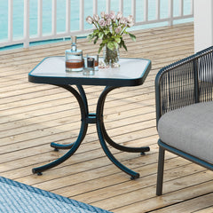 Mesa de Patio con Tapa de Vidrio Templado Mesa Auxiliar de 50 cm con Estructura de Metal Resistente para Interior Exterior Jardín Balcón