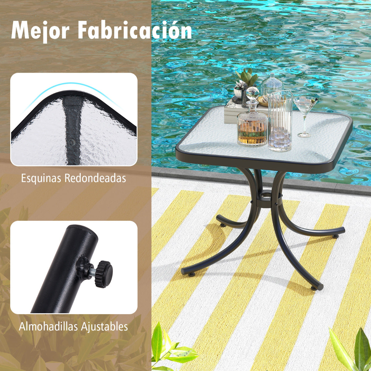 Mesa de Patio con Tapa de Vidrio Templado Mesa Auxiliar de 50 cm con Estructura de Metal Resistente para Interior Exterior Jardín Balcón