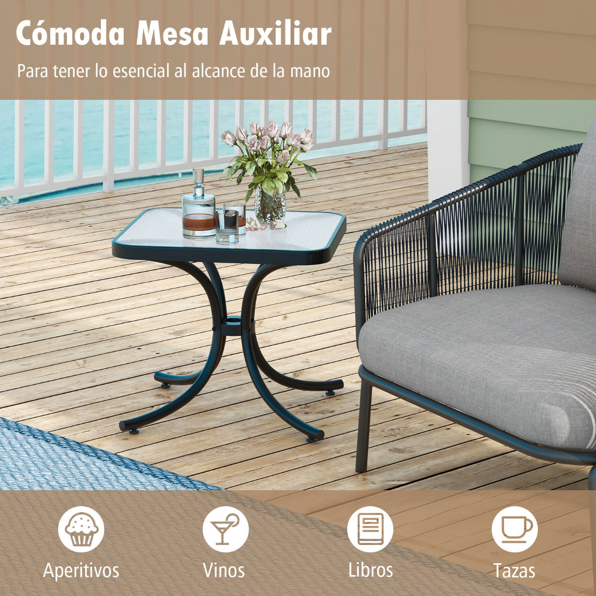 Mesa de Patio con Tapa de Vidrio Templado Mesa Auxiliar de 50 cm con Estructura de Metal Resistente para Interior Exterior Jardín Balcón