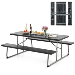 Mesa de Picnic Plegable de 183 cm para 8 Personas con 2 Bancos Marco de Metal Orificio para Sombrilla Mesa de HDPE para Jardín Negro