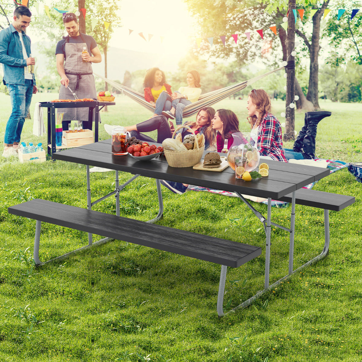 Mesa de Picnic Plegable de 183 cm para 8 Personas con 2 Bancos Marco de Metal Orificio para Sombrilla Mesa de HDPE para Jardín Negro