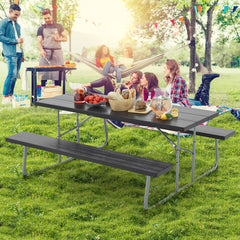 Mesa de Picnic Plegable de 183 cm para 8 Personas con 2 Bancos Marco de Metal Orificio para Sombrilla Mesa de HDPE para Jardín Negro