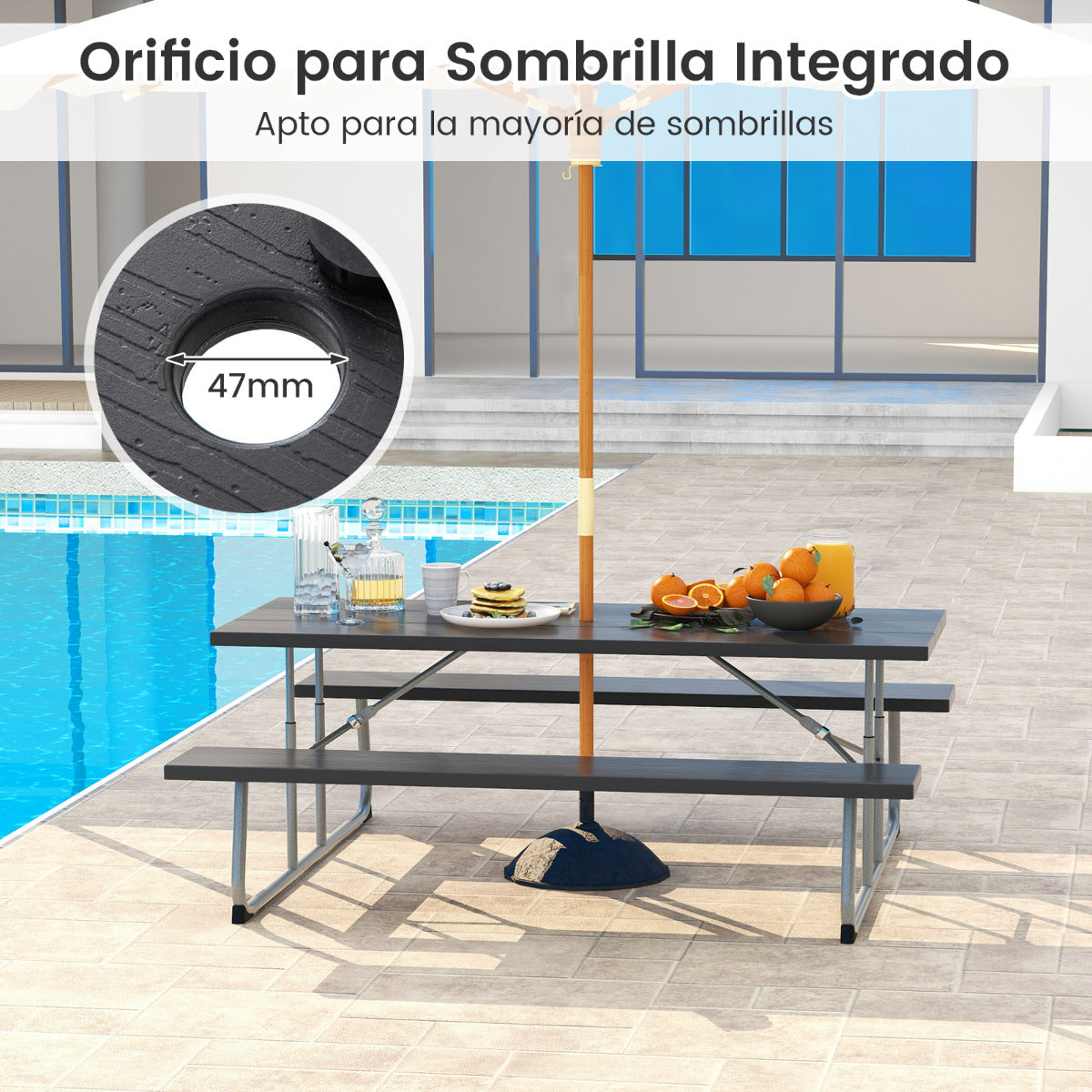 Mesa de Picnic Plegable de 183 cm para 8 Personas con 2 Bancos Marco de Metal Orificio para Sombrilla Mesa de HDPE para Jardín Negro