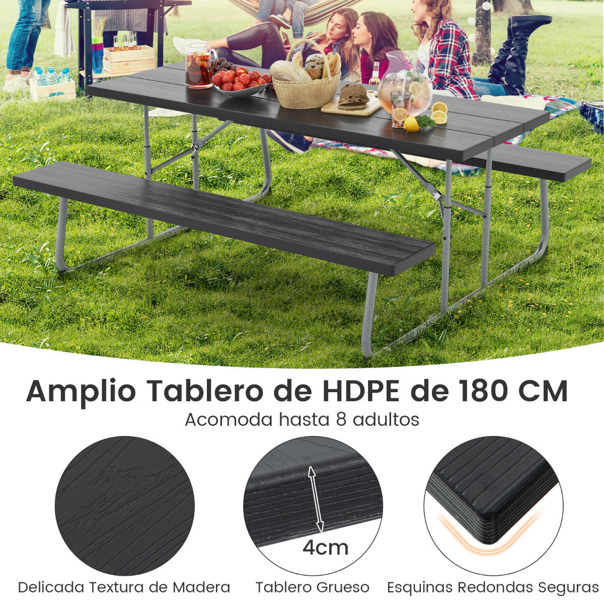 Mesa de Picnic Plegable de 183 cm para 8 Personas con 2 Bancos Marco de Metal Orificio para Sombrilla Mesa de HDPE para Jardín Negro