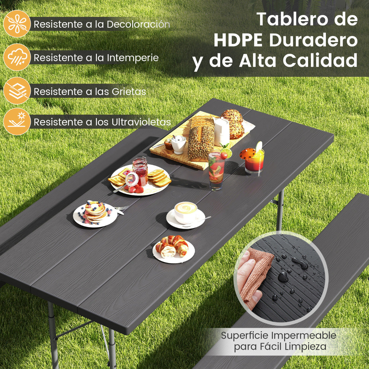 Mesa de Picnic Plegable de 183 cm para 8 Personas con 2 Bancos Marco de Metal Orificio para Sombrilla Mesa de HDPE para Jardín Negro