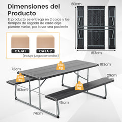 Mesa de Picnic Plegable de 183 cm para 8 Personas con 2 Bancos Marco de Metal Orificio para Sombrilla Mesa de HDPE para Jardín Negro