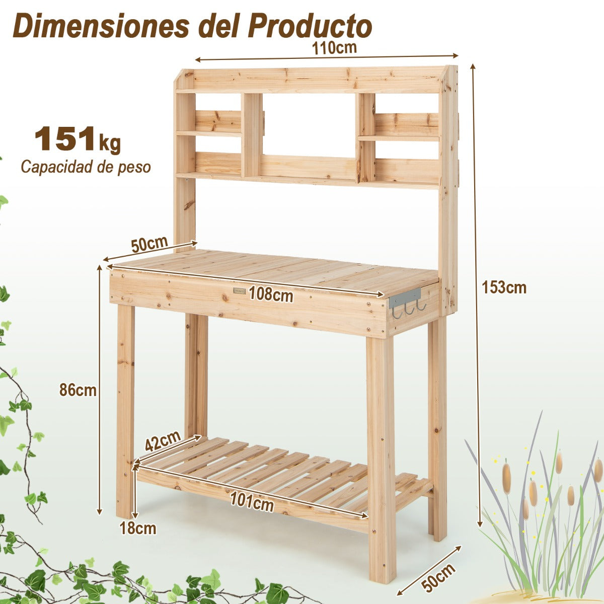 Mesa de Plantación de Madera para Macetas con Estantes Tablero Abrible y Ganchos Mesa de Trabajo de 153 cm para Jardín Carga 150kg Natural