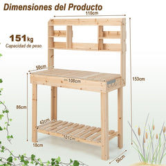 Mesa de Plantación de Madera para Macetas con Estantes Tablero Abrible y Ganchos Mesa de Trabajo de 153 cm para Jardín Carga 150kg Natural