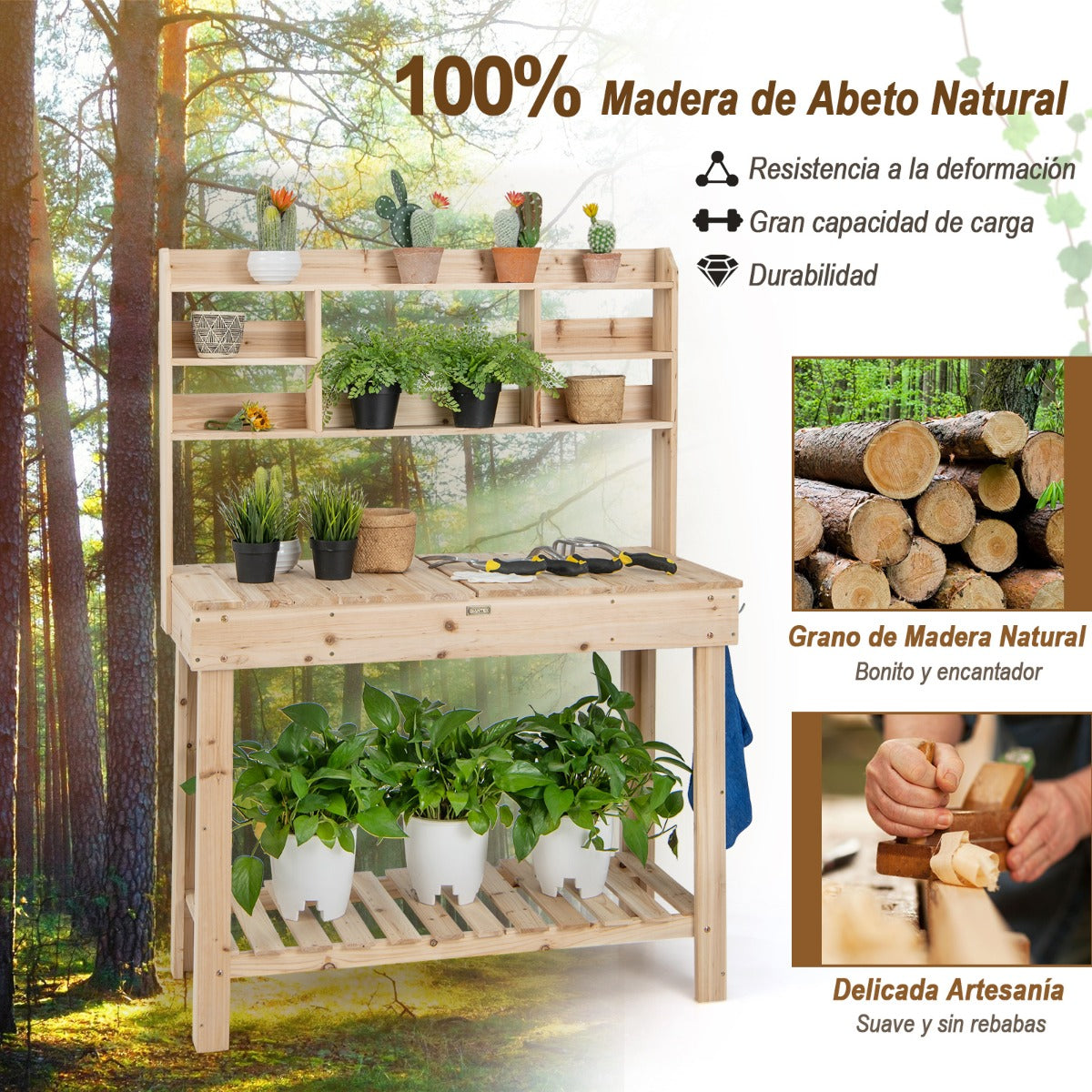 Mesa de Plantación de Madera para Macetas con Estantes Tablero Abrible y Ganchos Mesa de Trabajo de 153 cm para Jardín Carga 150kg Natural