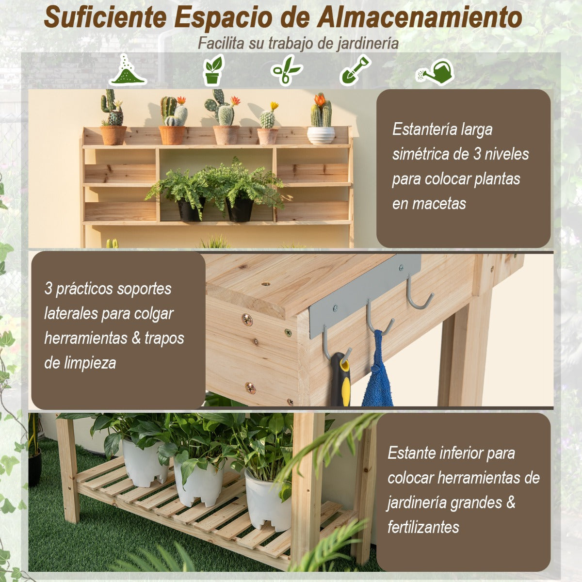 Mesa de Plantación de Madera para Macetas con Estantes Tablero Abrible y Ganchos Mesa de Trabajo de 153 cm para Jardín Carga 150kg Natural