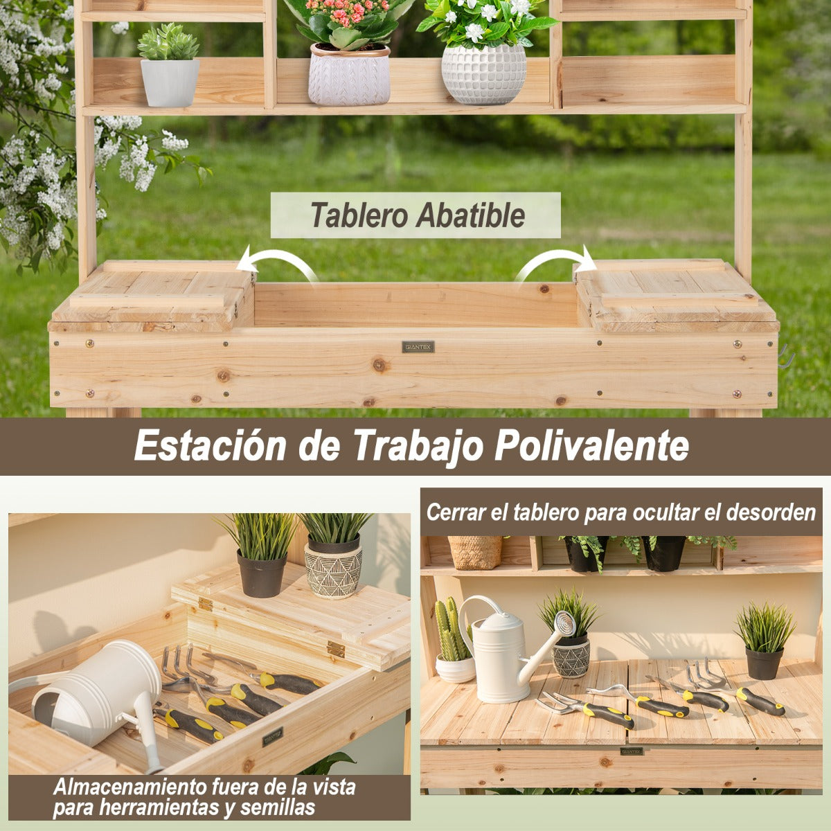 Mesa de Plantación de Madera para Macetas con Estantes Tablero Abrible y Ganchos Mesa de Trabajo de 153 cm para Jardín Carga 150kg Natural