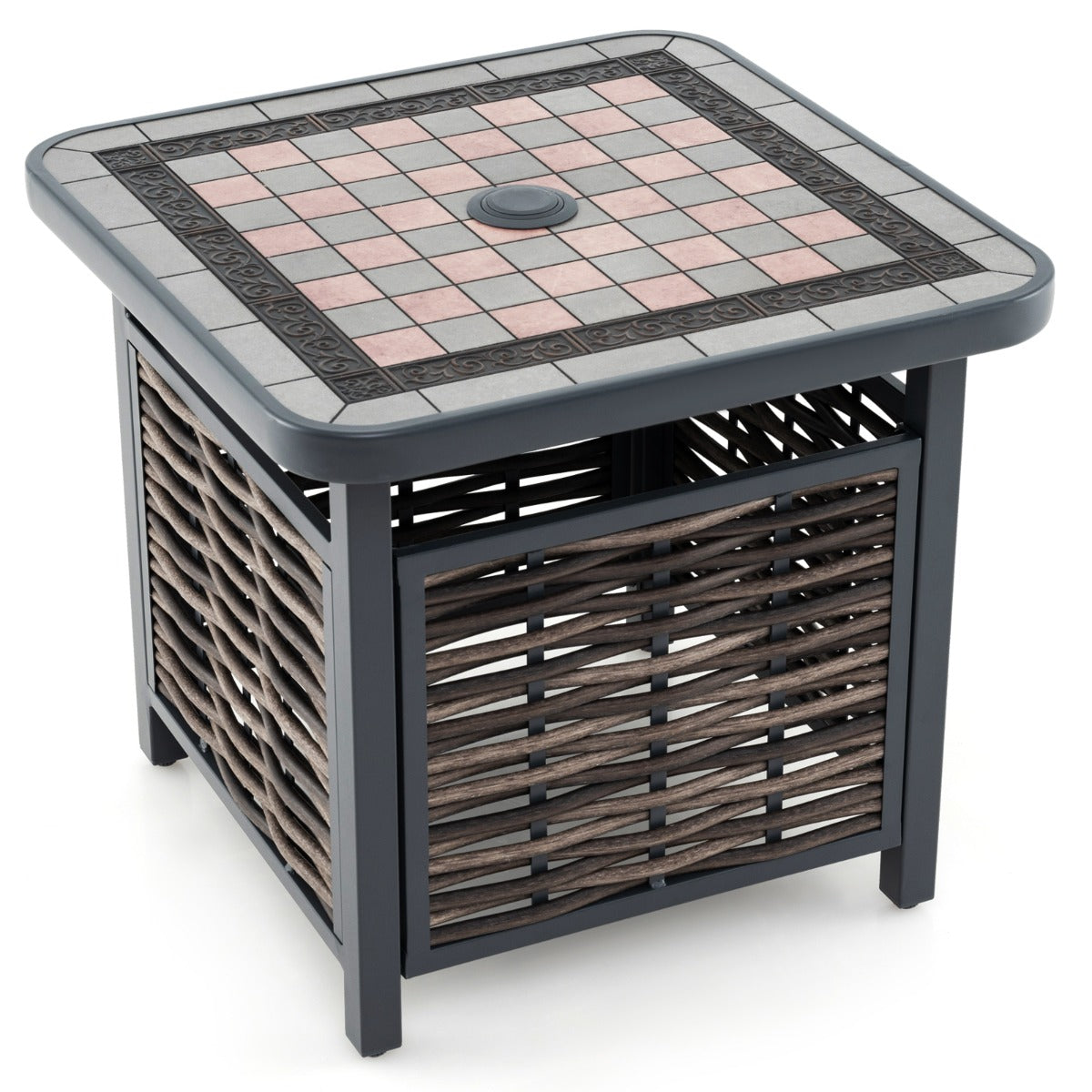 Mesa Lateral de Ratán PE con Tablero de Resina Agujero para Sombrilla Estructura de Metal 55 x 55 x 50 cm Negro y Marrón
