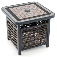 Mesa Lateral de Ratán PE con Tablero de Resina Agujero para Sombrilla Estructura de Metal 55 x 55 x 50 cm Negro y Marrón