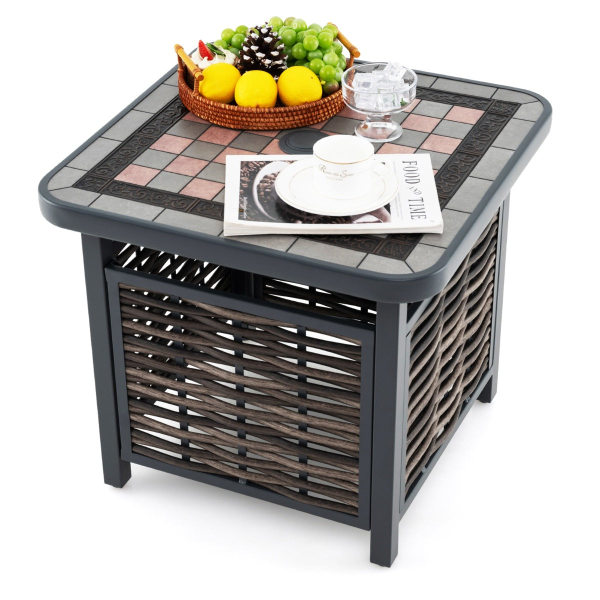 Mesa Lateral de Ratán PE con Tablero de Resina Agujero para Sombrilla Estructura de Metal 55 x 55 x 50 cm Negro y Marrón