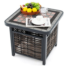 Mesa Lateral de Ratán PE con Tablero de Resina Agujero para Sombrilla Estructura de Metal 55 x 55 x 50 cm Negro y Marrón