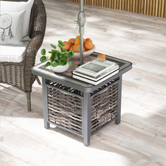 Mesa Lateral de Ratán PE con Tablero de Resina Agujero para Sombrilla Estructura de Metal 55 x 55 x 50 cm Negro y Marrón