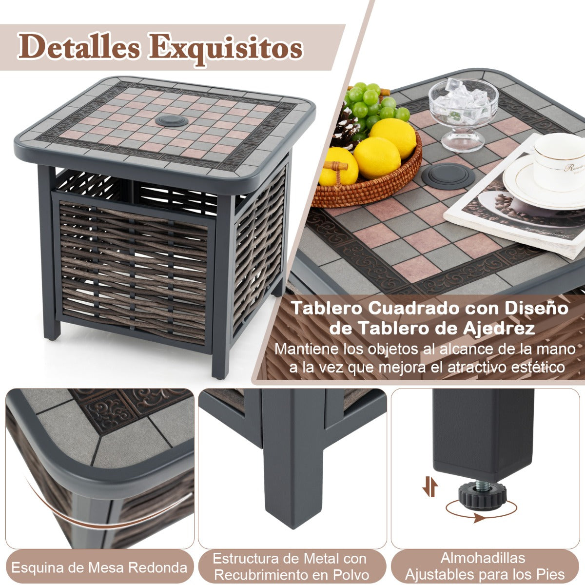 Mesa Lateral de Ratán PE con Tablero de Resina Agujero para Sombrilla Estructura de Metal 55 x 55 x 50 cm Negro y Marrón