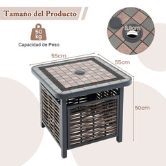 Mesa Lateral de Ratán PE con Tablero de Resina Agujero para Sombrilla Estructura de Metal 55 x 55 x 50 cm Negro y Marrón