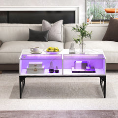 Mesa de Café LED de Alto Brillo Mesa Central con Superficie de Mármol Sintético y Vidrio Templado Mesa de Acento Moderna con 4 Cubos Blanco