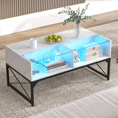 Mesa de Café LED de Alto Brillo Mesa Central con Superficie de Mármol Sintético y Vidrio Templado Mesa de Acento Moderna con 4 Cubos Blanco