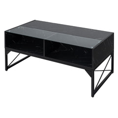 Mesa de Café LED de Alto Brillo Mesa Central con Superficie de Mármol Sintético y Vidrio Templado Mesa de Acento Moderna con 4 Cubos Negro
