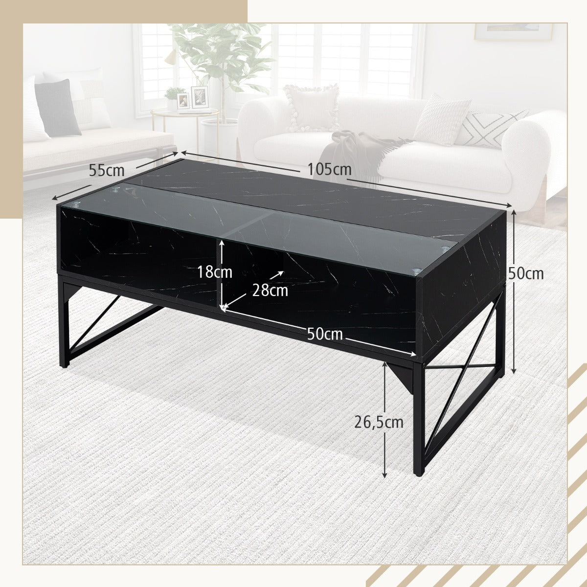 Mesa de Café LED de Alto Brillo Mesa Central con Superficie de Mármol Sintético y Vidrio Templado Mesa de Acento Moderna con 4 Cubos Negro