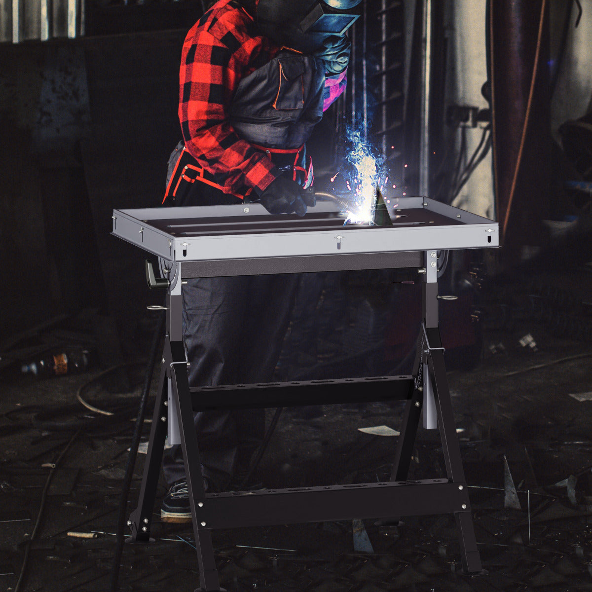 Mesa de Soldadura Plegable Banco de Trabajo de Soldadura con Tablero Amplio 2 Ruedas Altura Ajustable 5 Ángulos de Inclinación Carga 180 kg