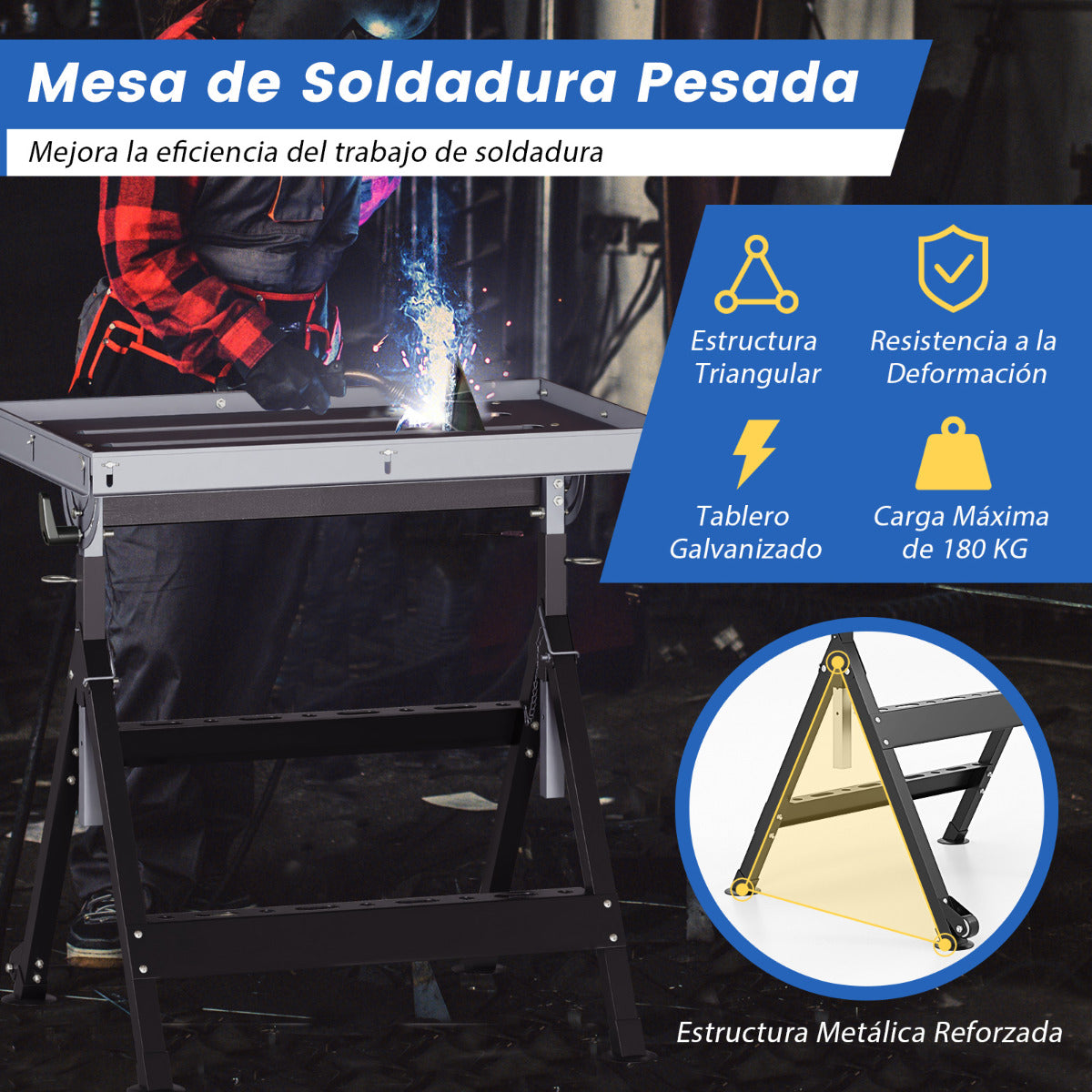 Mesa de Soldadura Plegable Banco de Trabajo de Soldadura con Tablero Amplio 2 Ruedas Altura Ajustable 5 Ángulos de Inclinación Carga 180 kg