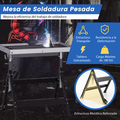 Mesa de Soldadura Plegable Banco de Trabajo de Soldadura con Tablero Amplio 2 Ruedas Altura Ajustable 5 Ángulos de Inclinación Carga 180 kg