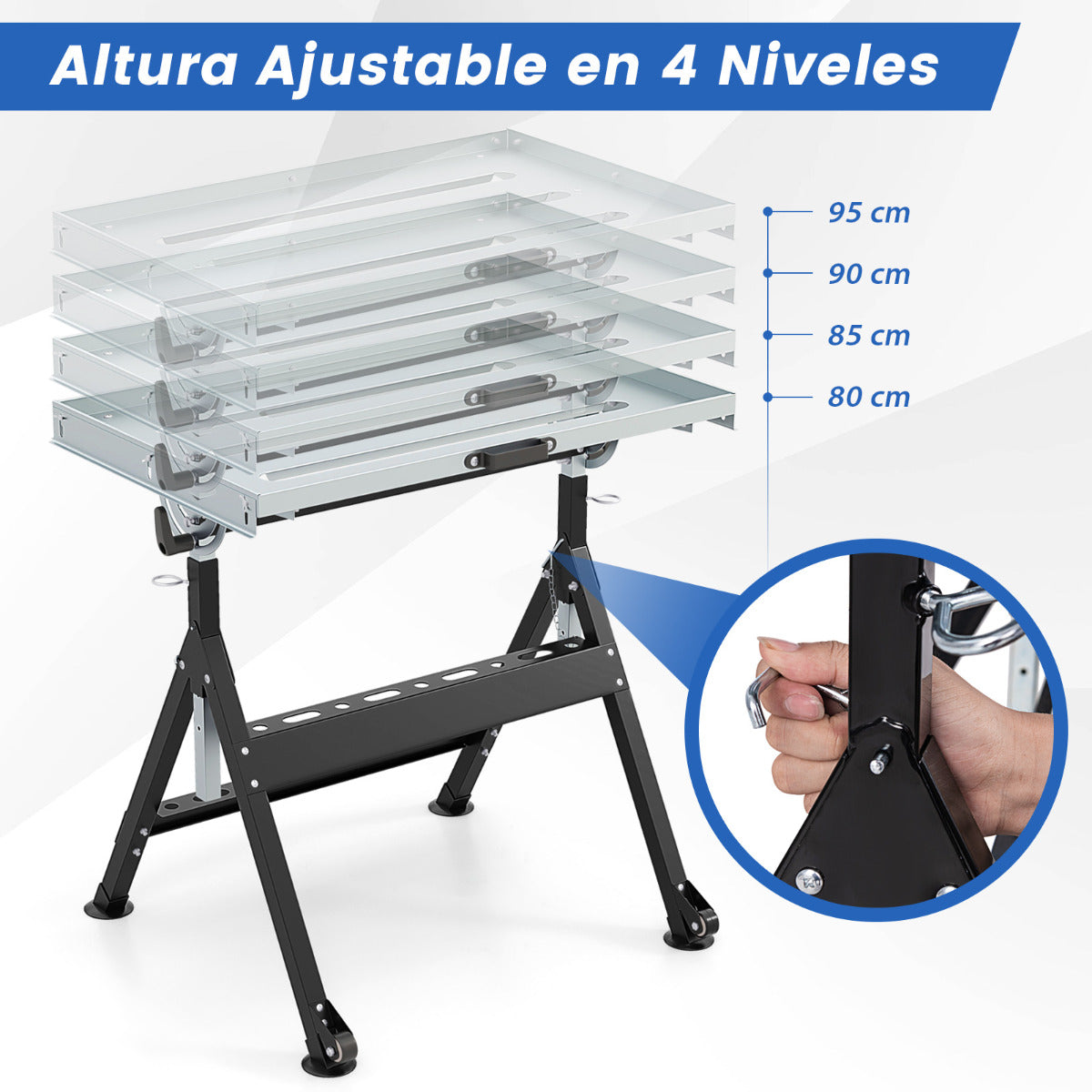 Mesa de Soldadura Plegable Banco de Trabajo de Soldadura con Tablero Amplio 2 Ruedas Altura Ajustable 5 Ángulos de Inclinación Carga 180 kg