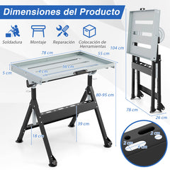 Mesa de Soldadura Plegable Banco de Trabajo de Soldadura con Tablero Amplio 2 Ruedas Altura Ajustable 5 Ángulos de Inclinación Carga 180 kg