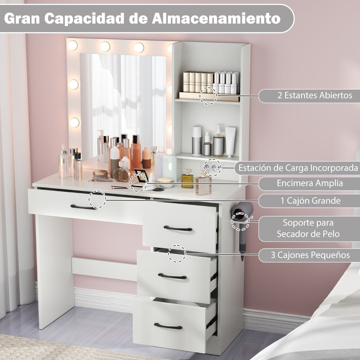 Mesa de Tocador con Espejo y Luces Tocador con Estación de Carga Luces LED de 3 Colores Estante para Secador Cajones y Estantes Blanco