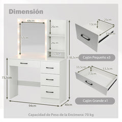 Mesa de Tocador con Espejo y Luces Tocador con Estación de Carga Luces LED de 3 Colores Estante para Secador Cajones y Estantes Blanco