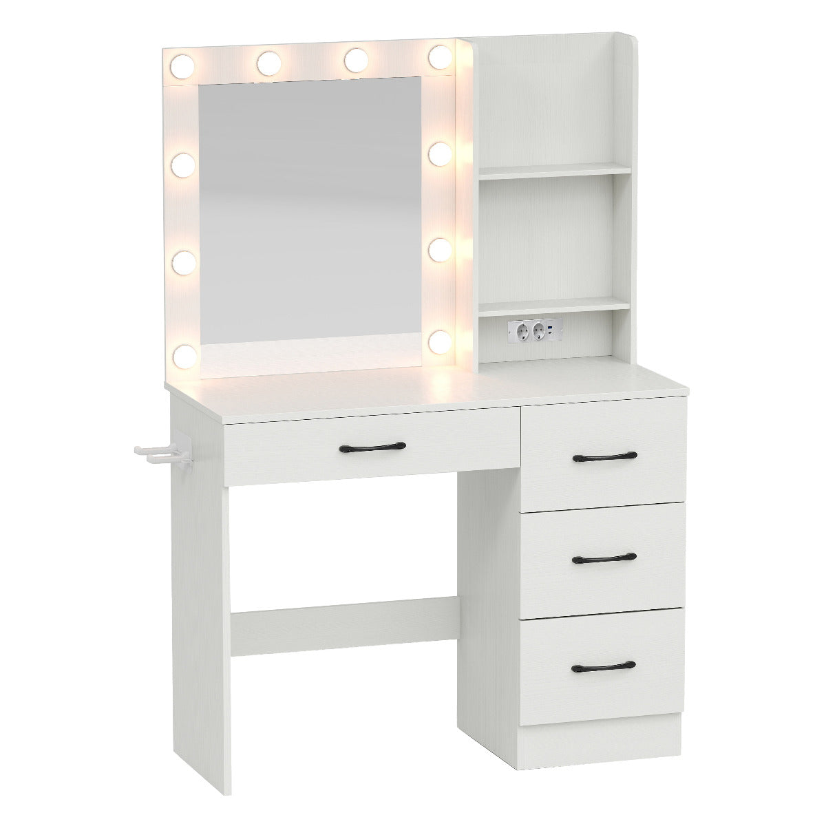 Mesa de Tocador con Espejo y Luces Tocador con Estación de Carga Luces LED de 3 Colores Estante para Secador Cajones y Estantes Blanco