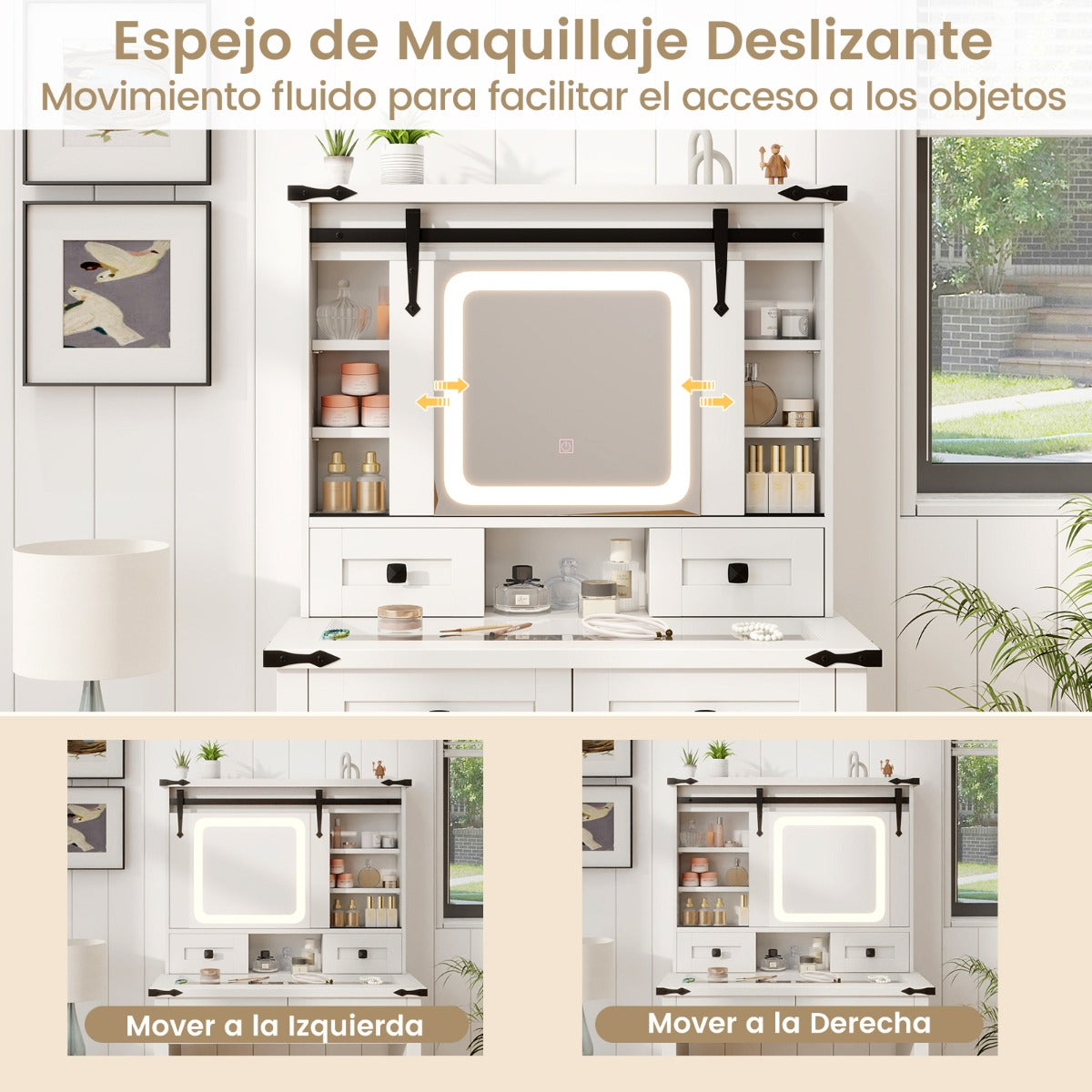 Mesa de Tocador Estilo Granero con Espejo Deslizante Luces LED Ajustables Cajones y Estantes 79 x 40 x 138 cm Blanco