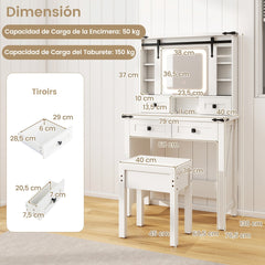 Mesa de Tocador Estilo Granero con Espejo Deslizante Luces LED Ajustables Cajones y Estantes 79 x 40 x 138 cm Blanco